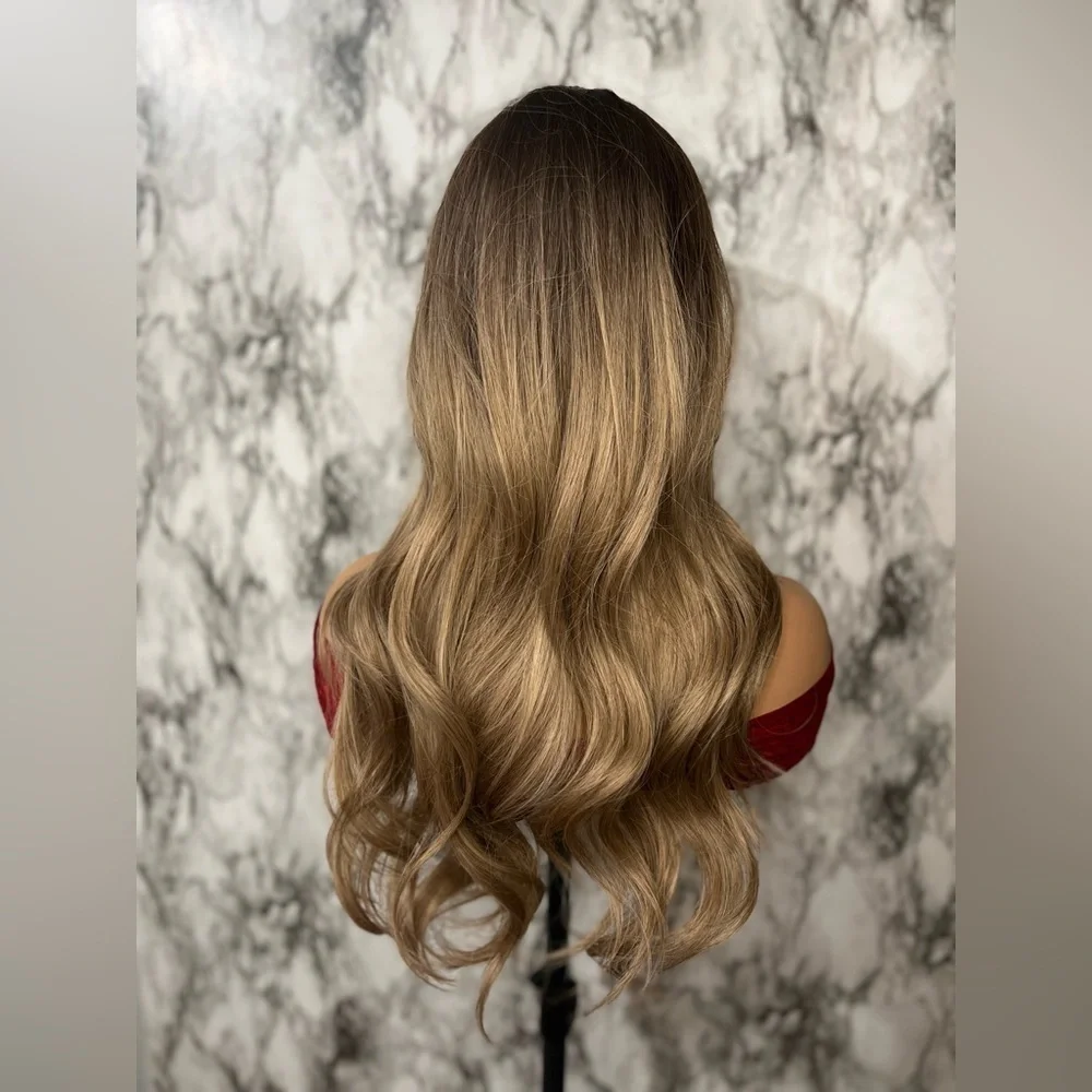 24 Inch. balayage Brown. & Medium ash Blonde Wavy wig with bangs | Natural look